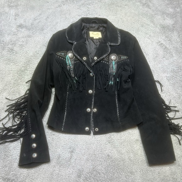 Scully Jackets & Blazers - Vintage Scully Jacket Womens M Black Leather Western Fringe Studded Beaded Suede
